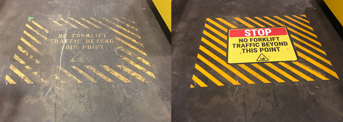Restoring an old floor warning with paint and a new sign